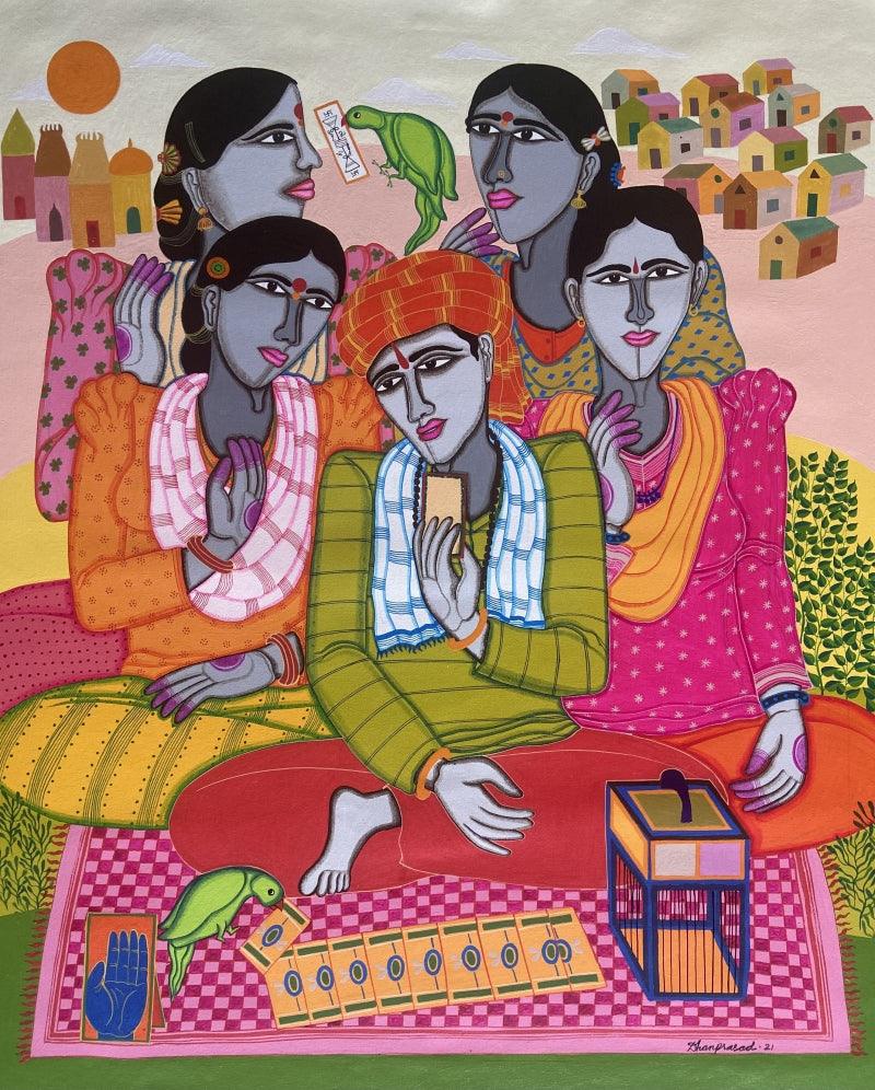 Figurative acrylic painting titled 'Fortune Teller 2', 36x30 inches, by artist Dhan Prasad on Canvas