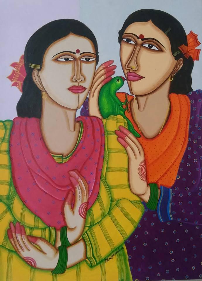 Figurative acrylic painting titled 'Fortune Teller', 26x18 inches, by artist Dhan Prasad on Handmade Paper
