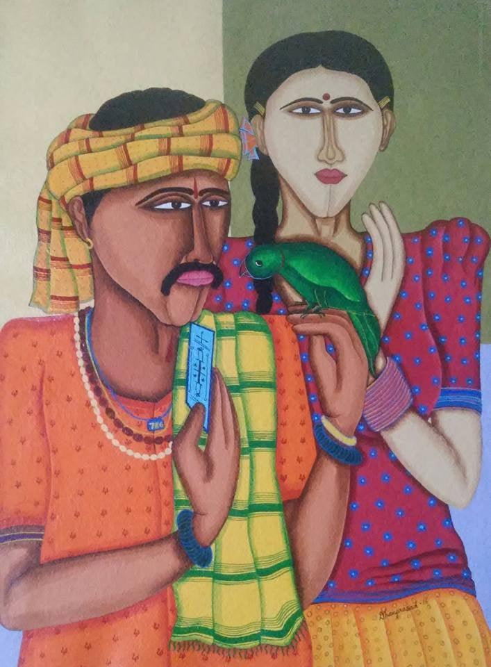 Figurative acrylic painting titled 'Fortune Teller', 30x20 inches, by artist Dhan Prasad on handmade paper