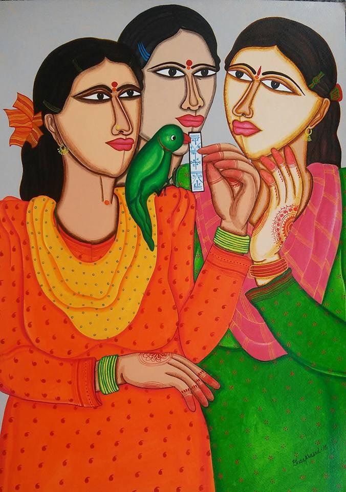 Figurative acrylic painting titled 'Fortune Teller', 26x18 inches, by artist Dhan Prasad on Handmade Paper