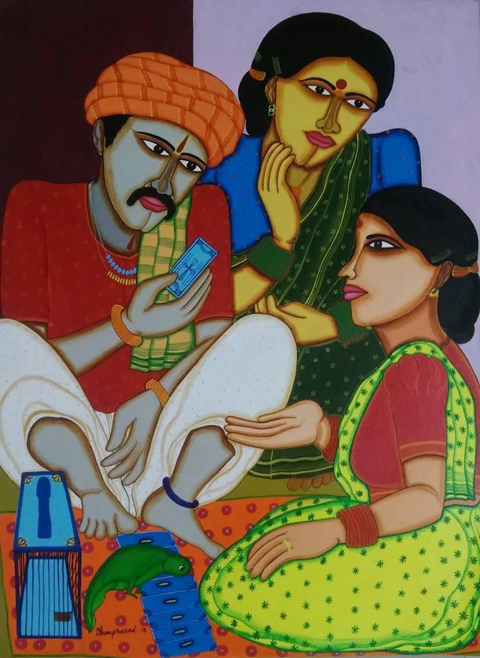 Figurative acrylic painting titled 'Fortune Teller', 29x20 inches, by artist Dhan Prasad on Handmade Paper