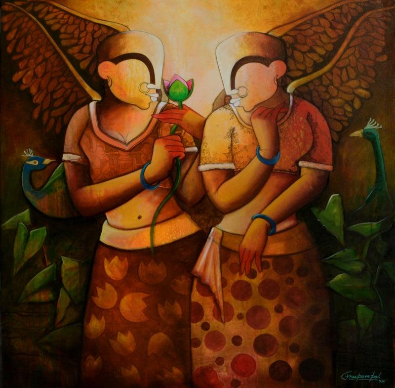 contemporary acrylic painting titled 'Frandship', 45x45 inches, by artist Anupam Pal on canvas