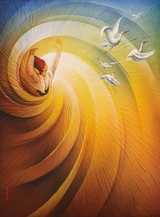 Figurative mixed media painting titled 'Freedom', 40x30 inches, by artist Radhika Seksaria on Canvas