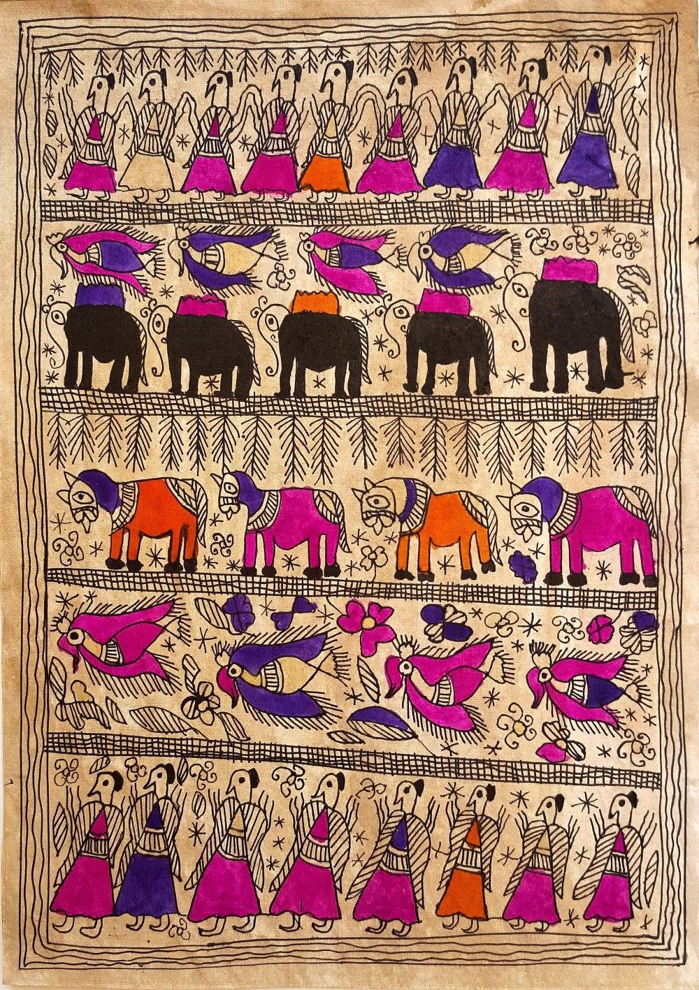 Folk Art madhubani traditional art titled 'Freedom', 16x12 inches, by artist Yamuna Devi on Handmade Paper