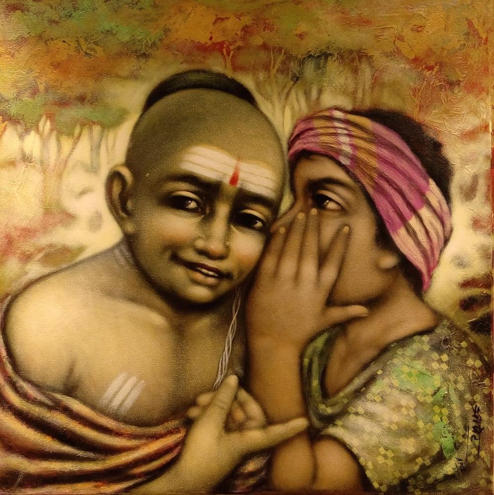 Figurative acrylic painting titled 'Friend', 24x24 inches, by artist Apet Pramod on Canvas