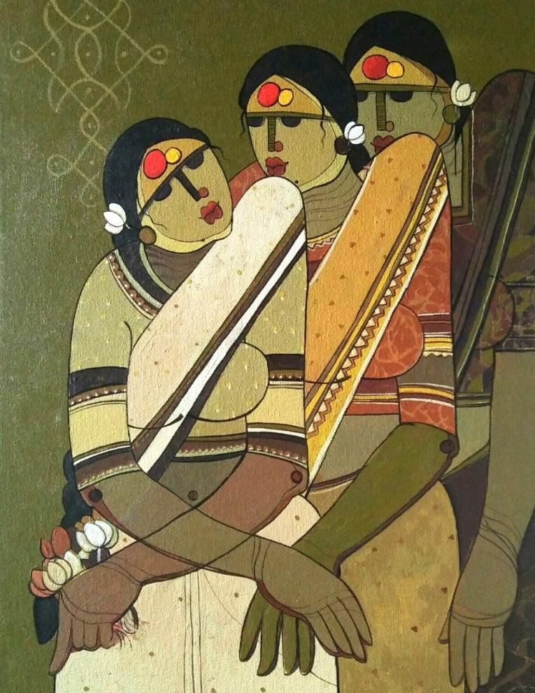 Figurative acrylic painting titled 'Friends', 24x18 inches, by artist Priyanka Chivte on Canvas