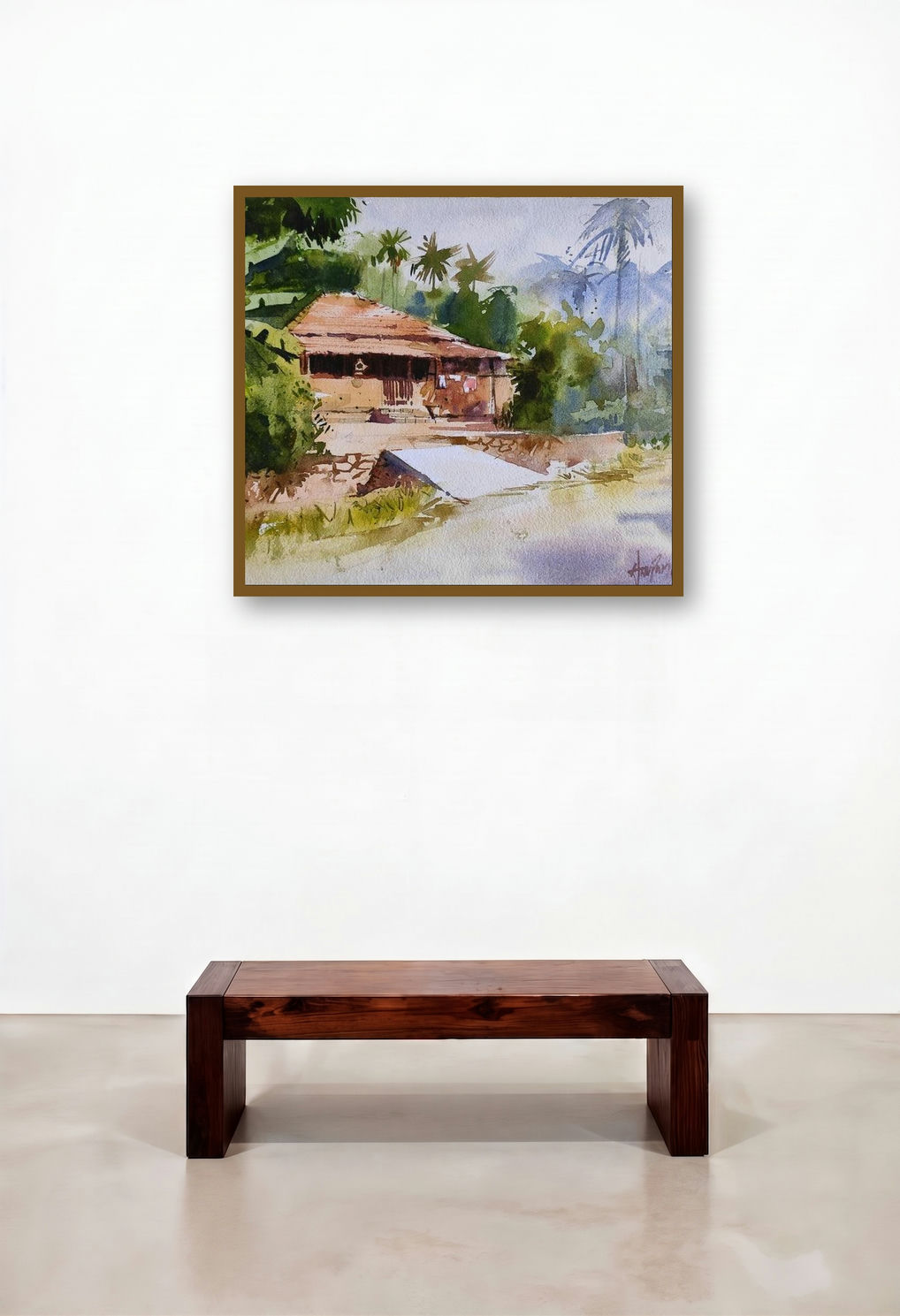 Friends (Rustic Village House) by artist Anupam Chauhan displayed in a Contemporary Luxury Executive Office