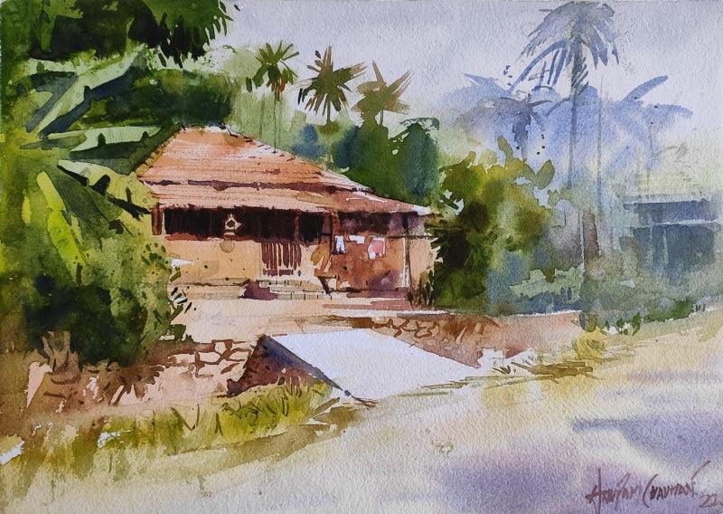 Landscape watercolor painting titled 'Friends', 8x11 inches, by artist Anupam Chauhan on Paper