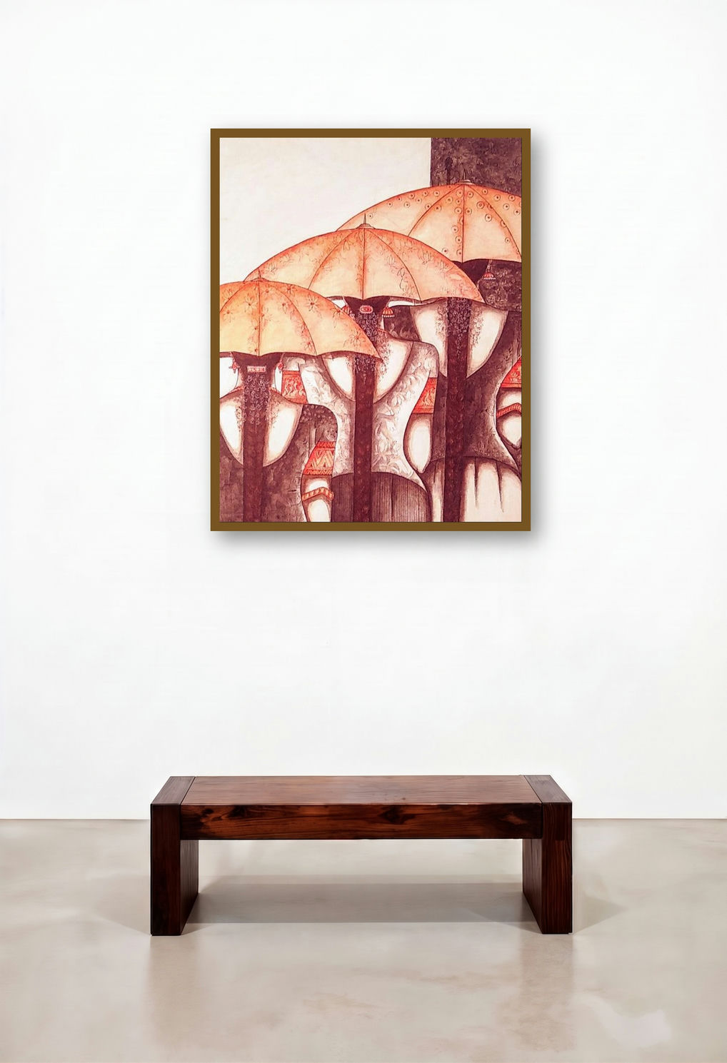 Friends (Three Women with Umbrellas) by artist Kappari Kishan displayed in a Mid-Century Modern Home Office