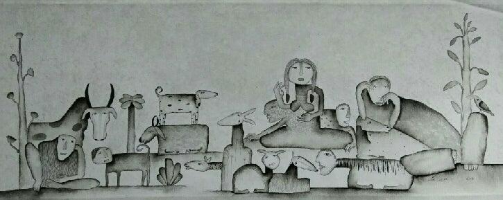 Figurative acrylic painting titled 'Friends', 12x31 inches, by artist Taslim Jamal on Canvas