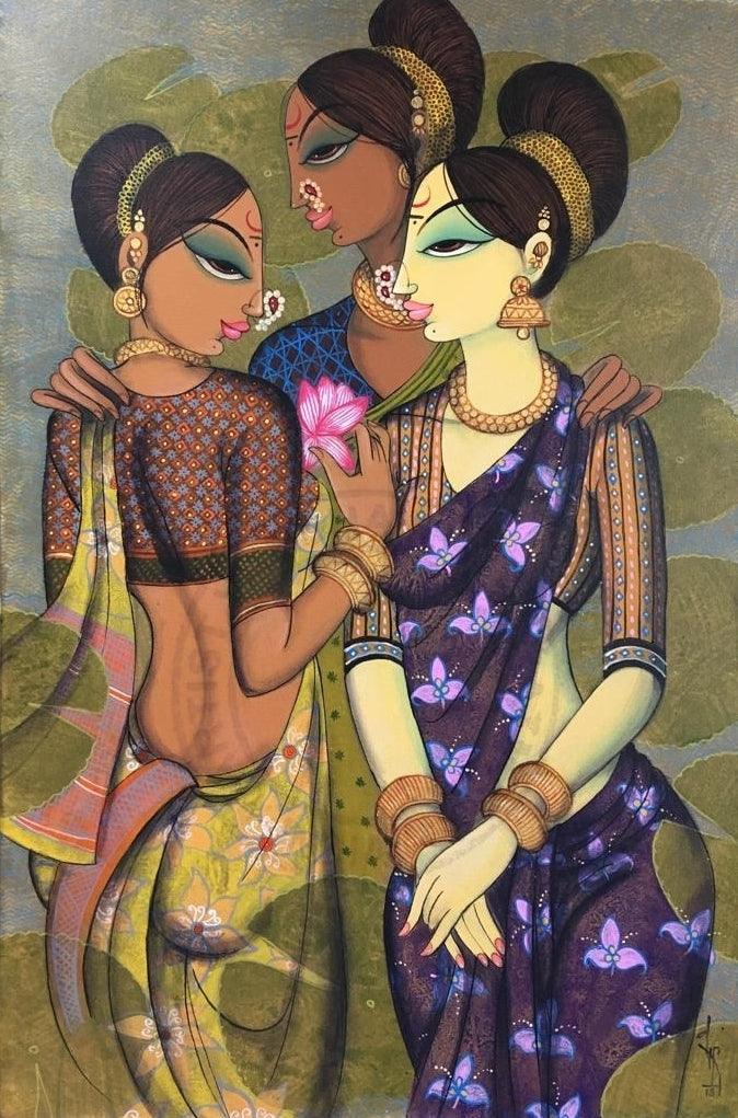 Figurative acrylic painting titled 'Friends', 36x24 inches, by artist Varsha Kharatamal on Canvas