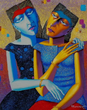 Figurative acrylic oil painting titled 'Friends', 30x24 inches, by artist Dayanand Kamakar on Canvas