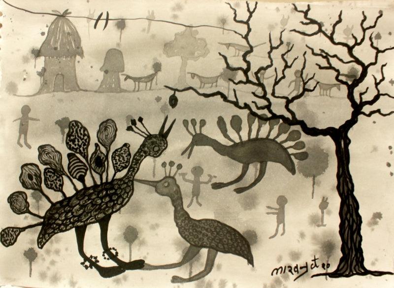 Figurative acrylic painting titled 'From village to the virtual world', 8x12 inches, by artist Lakhan Singh Jat on Paper