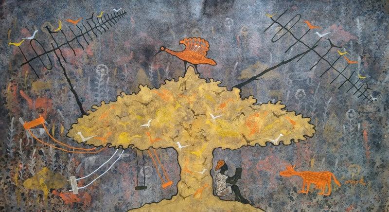 Abstract acrylic painting titled 'From village to the virtual world', 24x48 inches, by artist Lakhan Singh Jat on Canvas