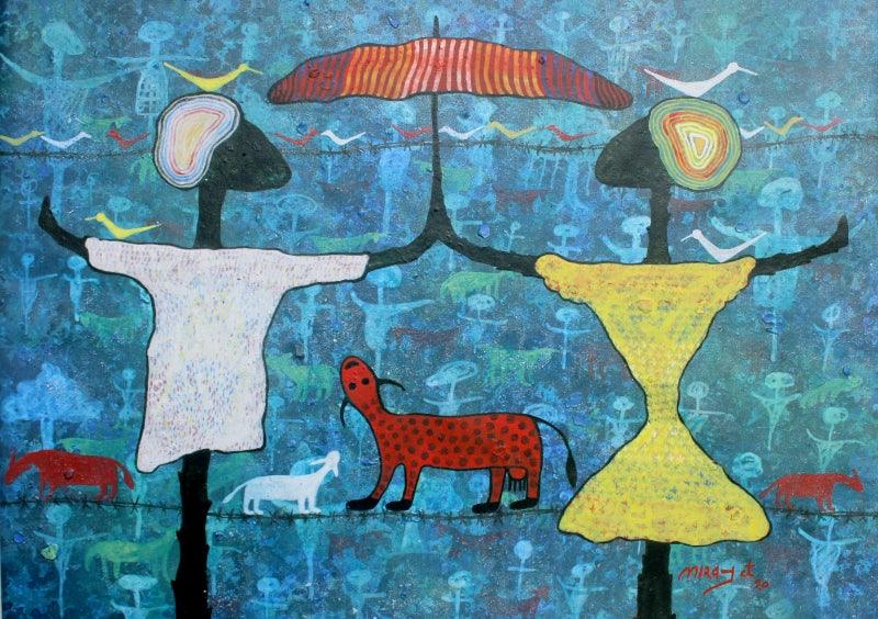 Figurative acrylic painting titled 'From village to the virtual world', 22x30 inches, by artist Lakhan Singh Jat on Canvas