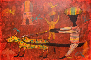 Figurative acrylic painting titled 'From village to the virtual world', 24x36 inches, by artist Lakhan Singh Jat on Canvas