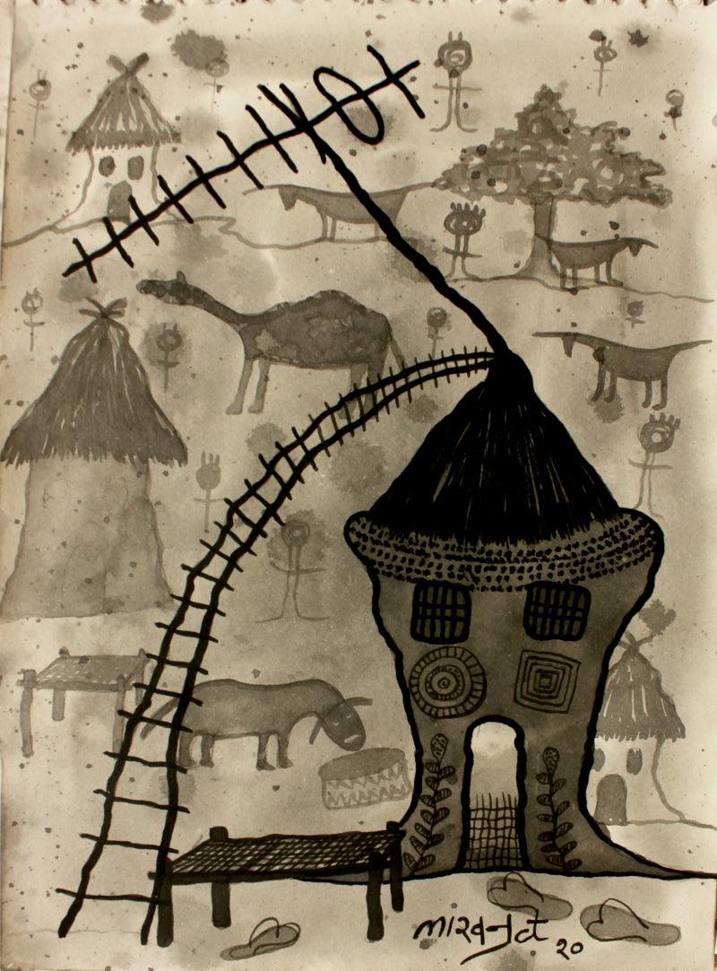 Landscape acrylic painting titled 'From village to the virtual world', 12x8 inches, by artist Lakhan Singh Jat on Paper