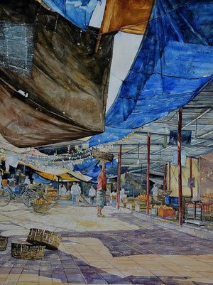 Figurative watercolor painting titled 'Fruit Seller', 30x24 inches, by artist Prashant Kulkarni on Canson Paper