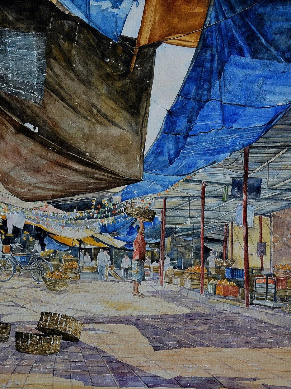 Figurative watercolor painting titled 'Fruit Seller', 30x24 inches, by artist Prashant Kulkarni on Canson Paper