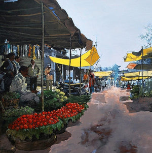 Cityscape acrylic painting titled 'Fruit Seller', 24x24 inches, by artist Prashant Kulkarni on Canvas