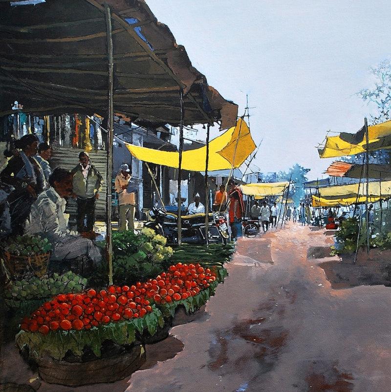 Cityscape acrylic painting titled 'Fruit Seller', 24x24 inches, by artist Prashant Kulkarni on Canvas