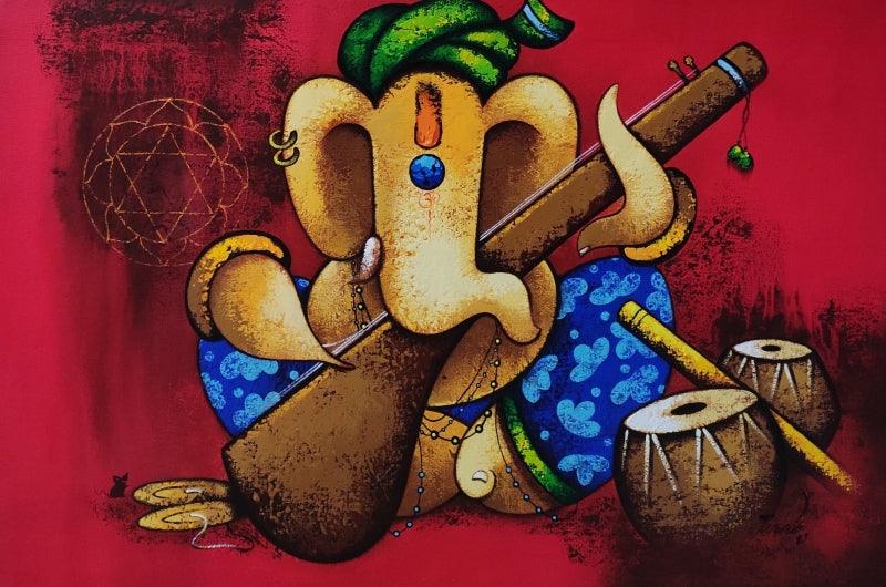 Religious acrylic painting titled 'Gajanan', 24x36 inches, by artist Paras Parmar on Canvas