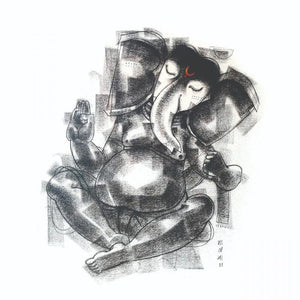 Religious charcoal painting titled 'Gajanan', 24x24 inches, by artist Sanjay Bhalerao on Canvas