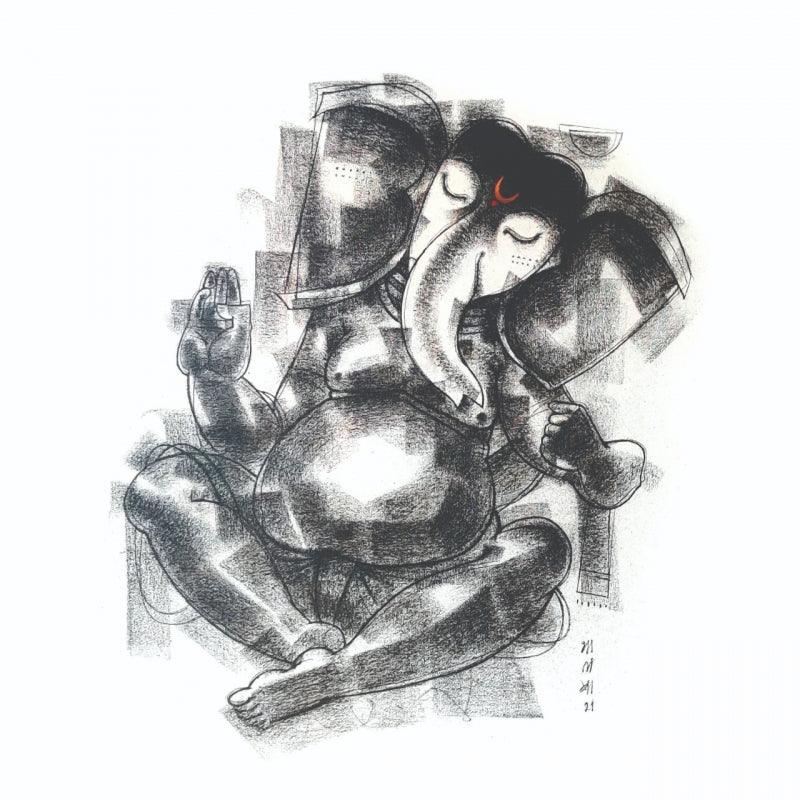 Religious charcoal painting titled 'Gajanan', 24x24 inches, by artist Sanjay Bhalerao on Canvas