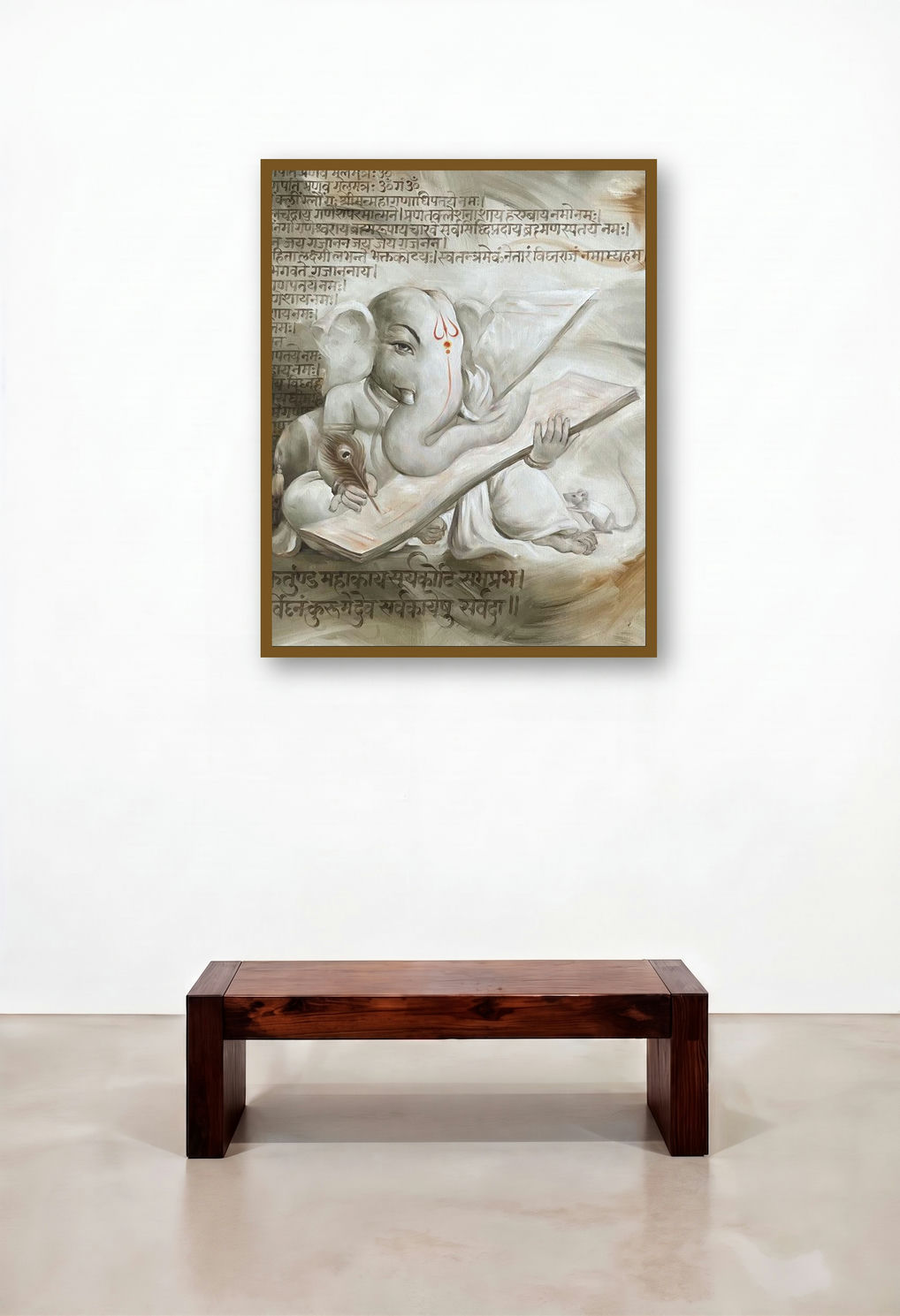 Gajanana (Ganesha Writing on a Palm Leaf) by artist Namdev M Patil displayed in a Industrial Family Room