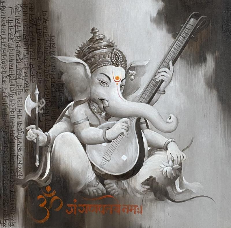 Religious oil painting titled 'Gajanana', 34x34 inches, by artist Namdev M Patil on Canvas
