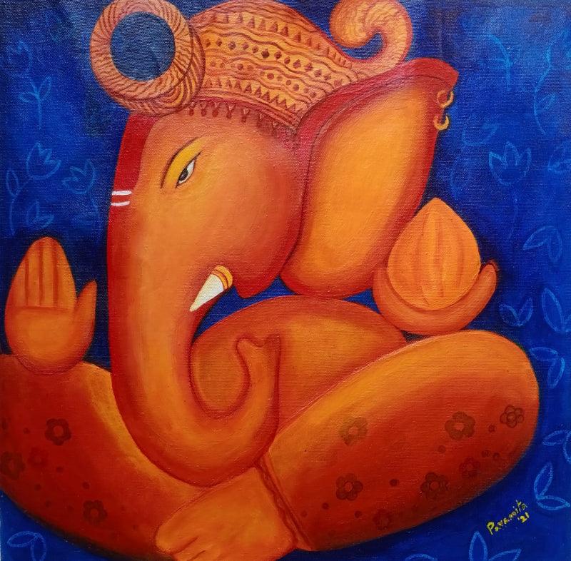 Religious acrylic painting titled 'Gajanana', 15x14 inches, by artist Paramita Chowdhury on canvas