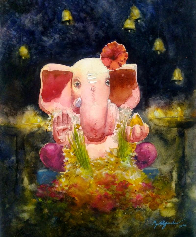 Religious watercolor painting titled 'Gajanana', 12x16 inches, by artist Mayur Heganekar on Paper