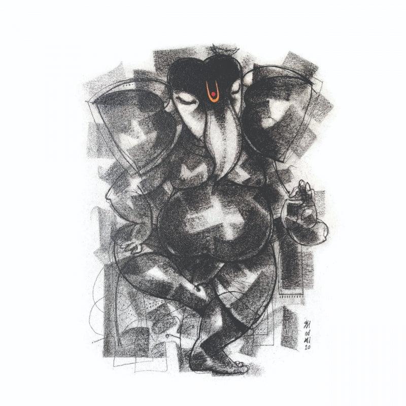 Religious charcoal painting titled 'Gajmukh', 24x24 inches, by artist Sanjay Bhalerao on Canvas