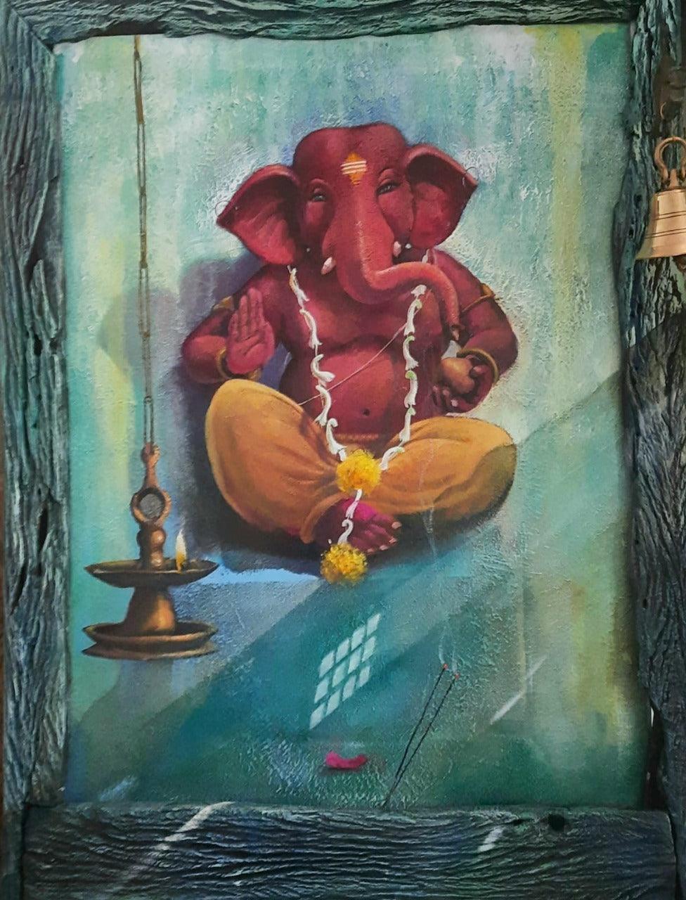 Religious acrylic painting titled 'Ganapati', 36x28 inches, by artist Gopal Pardeshi on Canvas