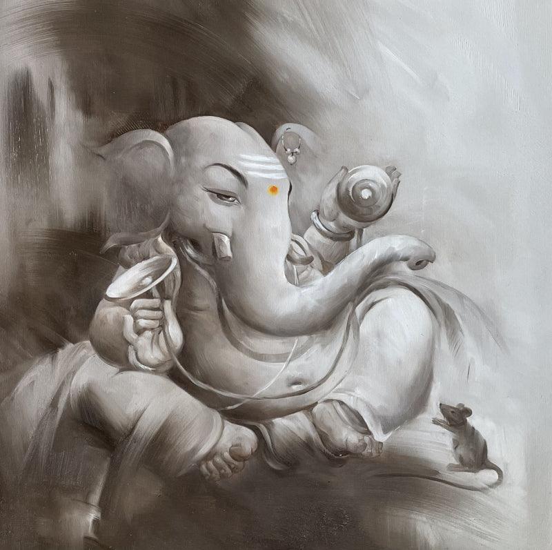 Religious oil painting titled 'Ganapati', 34x34 inches, by artist Namdev M Patil on Canvas