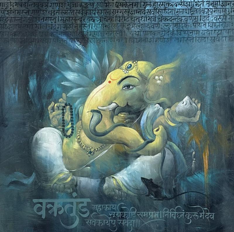 Religious oil painting titled 'Ganapati', 34x34 inches, by artist Namdev M Patil on Canvas