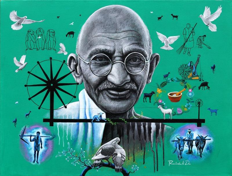 contemporary acrylic painting titled 'Gandhi', 36x48 inches, by artist Rawindra Das on Canvas
