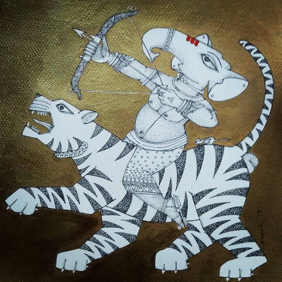 Religious acrylic ink painting titled 'Ganesh 1', 12x12 inches, by artist Samik De on Paper