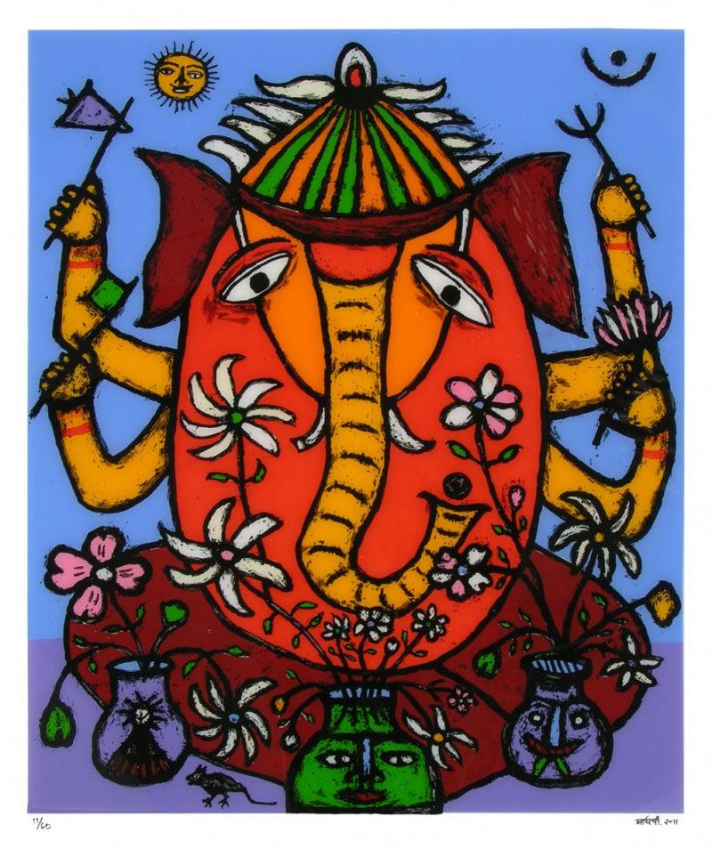 Religious reverse serigraph painting titled 'Ganesh 1', 48x40 inches, by artist Madhvi Parekh on Acrylic