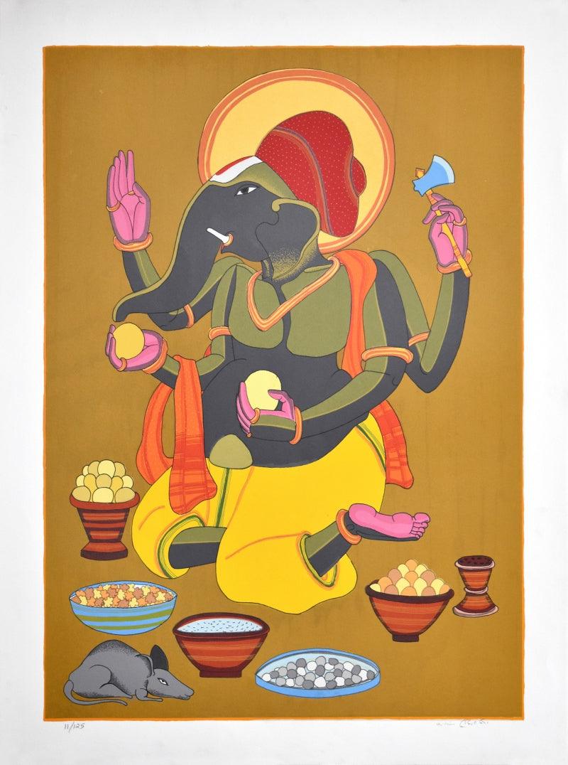 Religious serigraphs painting titled 'Ganesh 2', 40x30 inches, by artist Thota Vaikuntam on Paper