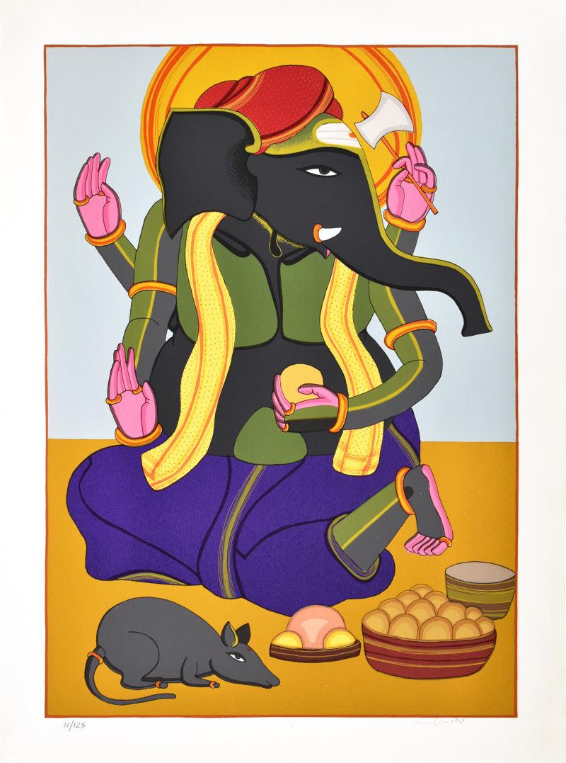 Religious serigraphs painting titled 'Ganesh 2', 40x30 inches, by artist Thota Vaikuntam on Paper
