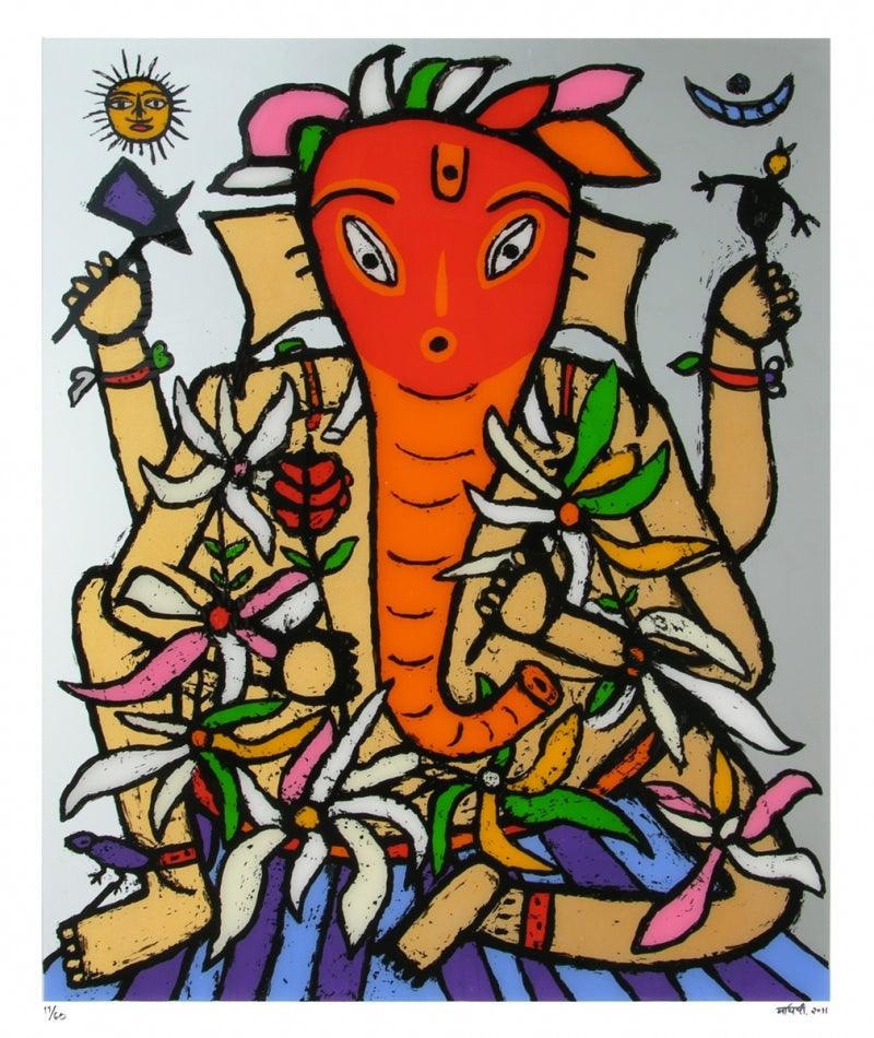 Religious reverse serigraph painting titled 'Ganesh 2', 48x40 inches, by artist Madhvi Parekh on Acrylic