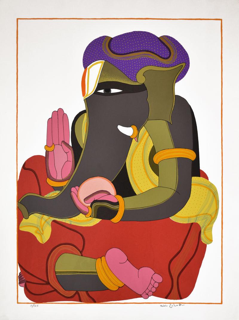 Religious serigraphs painting titled 'Ganesh 3', 40x30 inches, by artist Thota Vaikuntam on Paper