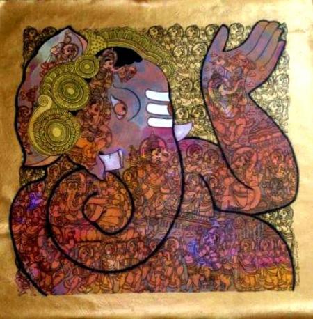 Abstract acrylic painting titled 'Ganesh', 24x24 inches, by artist Ramesh Gorjala on Canvas