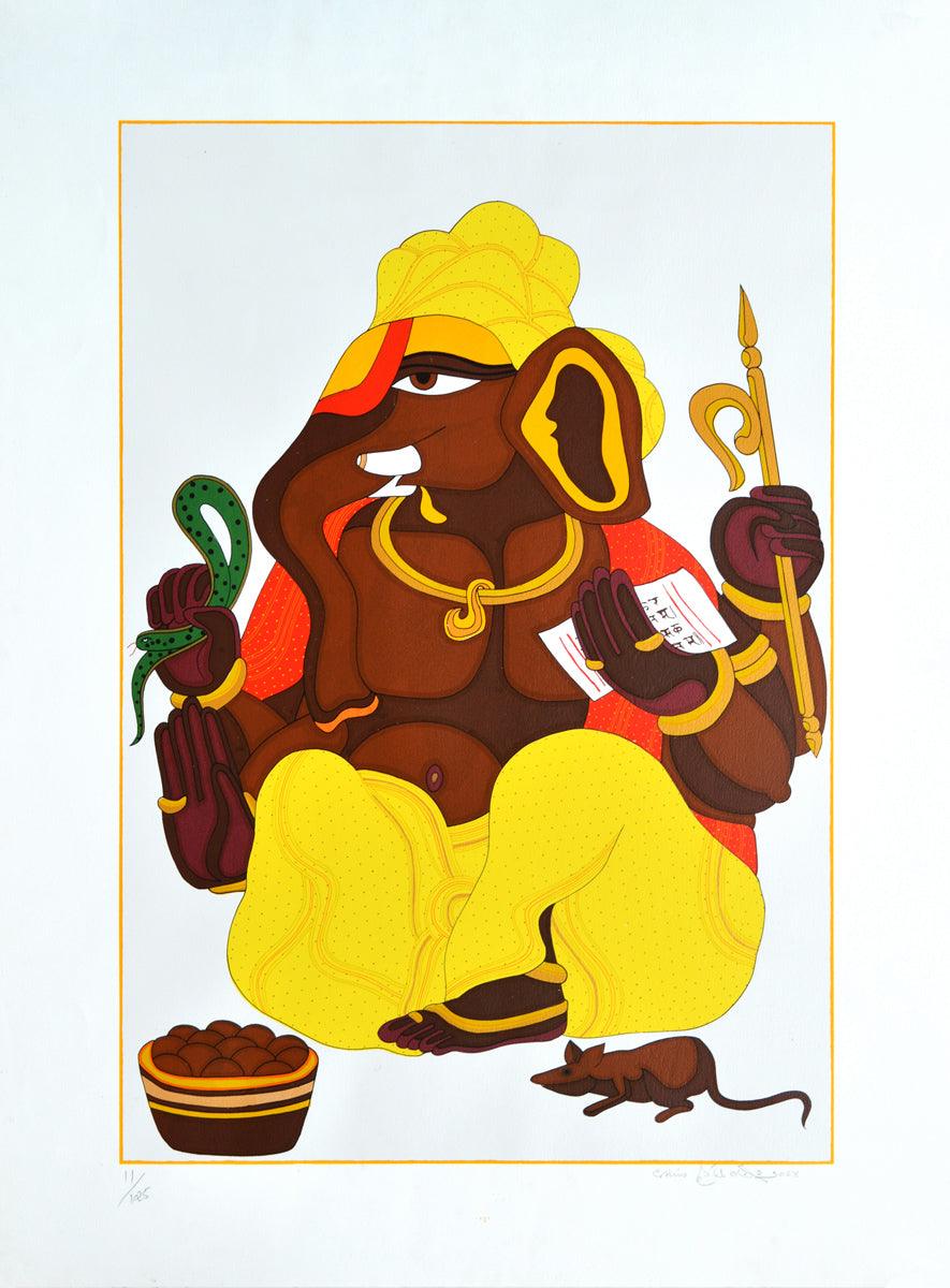Religious serigraphs painting titled 'Ganesh', 40x30 inches, by artist Thota Vaikuntam on Paper