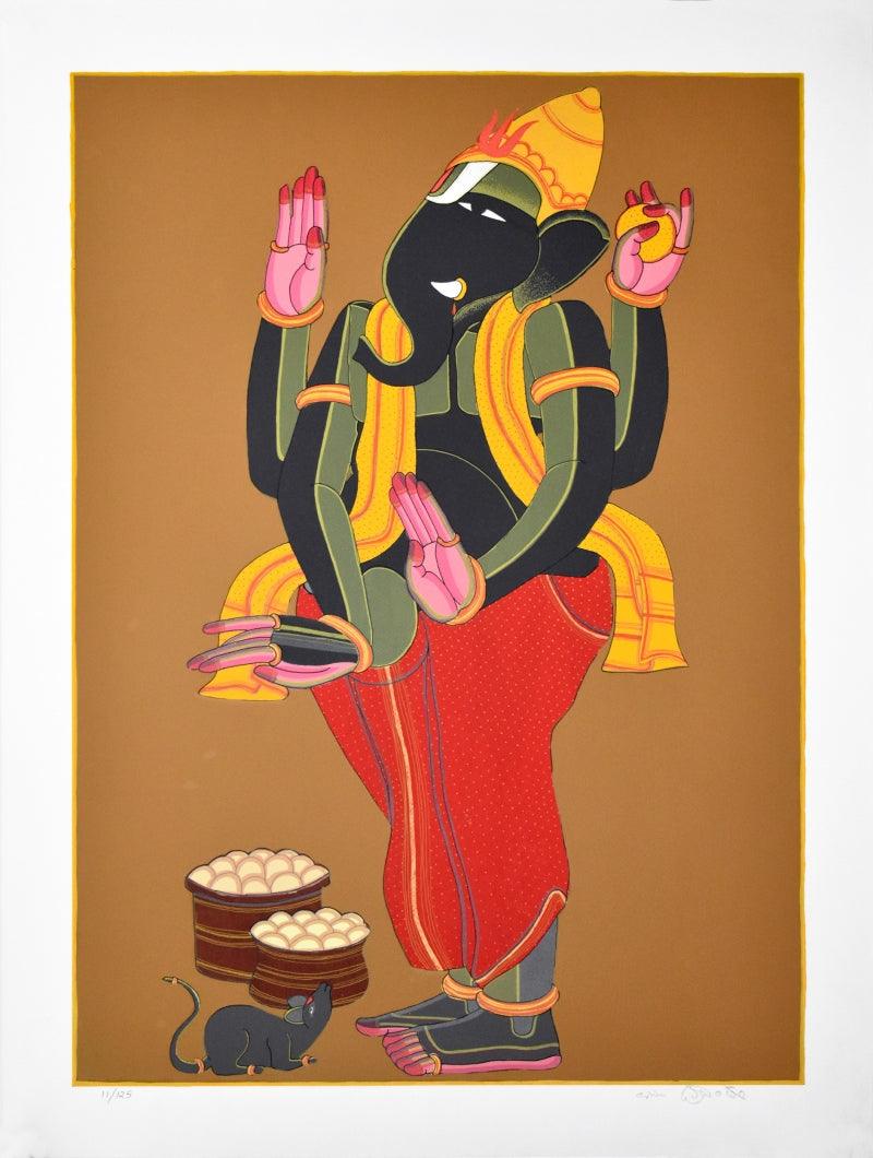 Religious serigraphs painting titled 'Ganesh', 40x30 inches, by artist Thota Vaikuntam on Paper