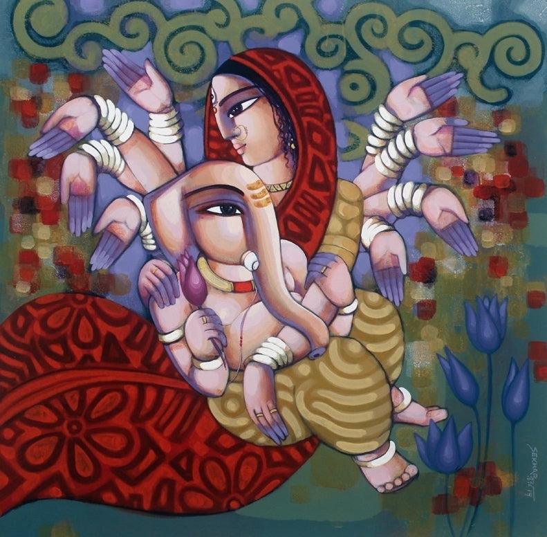 Religious acrylic painting titled 'Ganesh Janani', 42x42 inches, by artist Sekhar Roy on Canvas