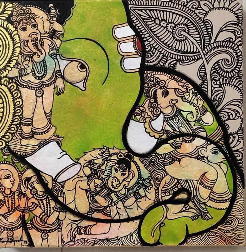 Religious acrylic painting titled 'Ganesha 1', 12x12 inches, by artist Ramesh Gorjala on Canvas
