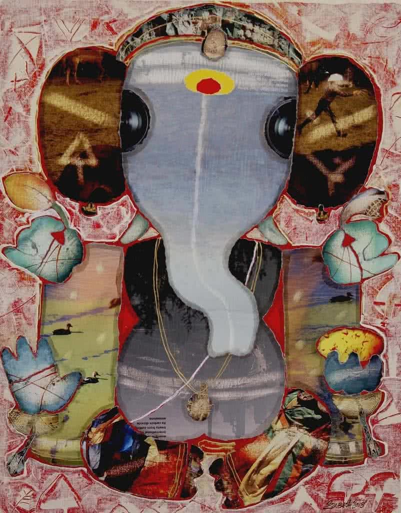 Religious mixed media painting titled 'Ganesha 1', 20x16 inches, by artist G Subramanian on Canvas