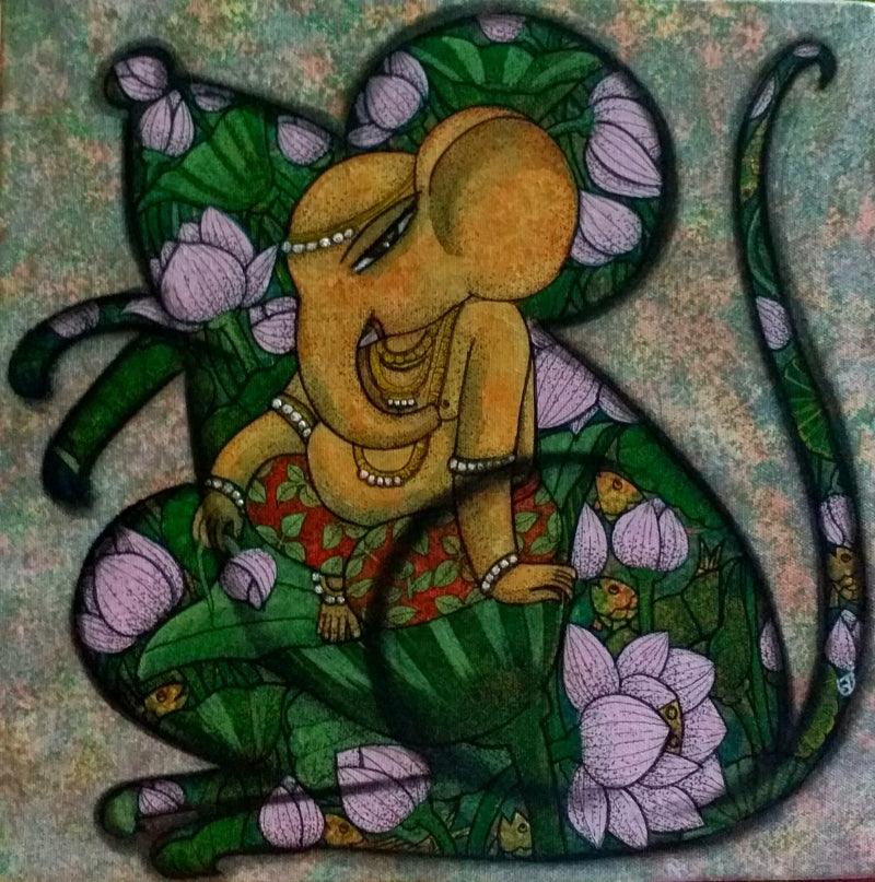 Religious mixed media painting titled 'Ganesha 2', 12x12 inches, by artist Nabanita Konar on Canvas
